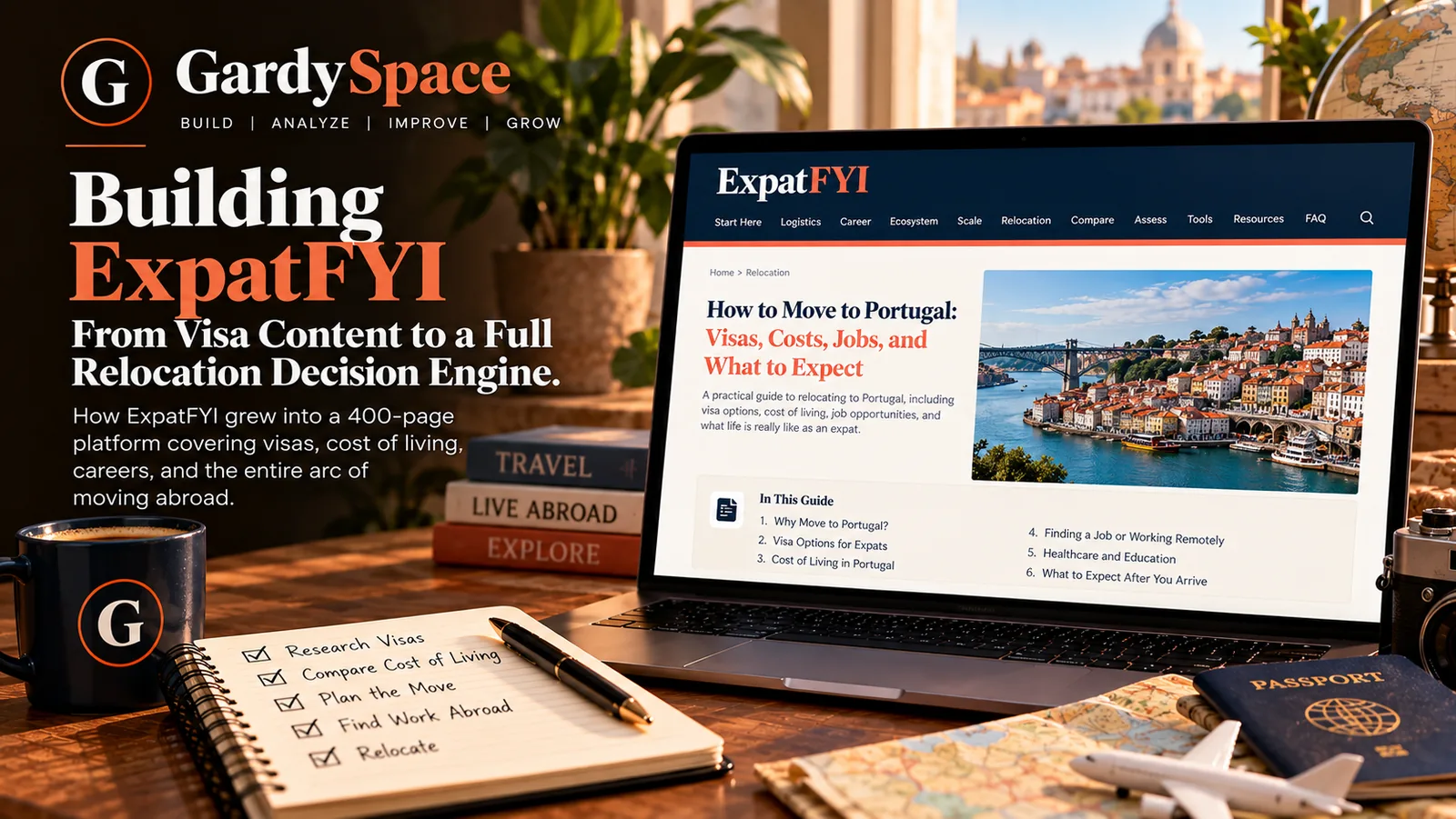 ExpatFYI relocation guide on a laptop: How to Move to Portugal, covering visas, costs, jobs, and what to expect
