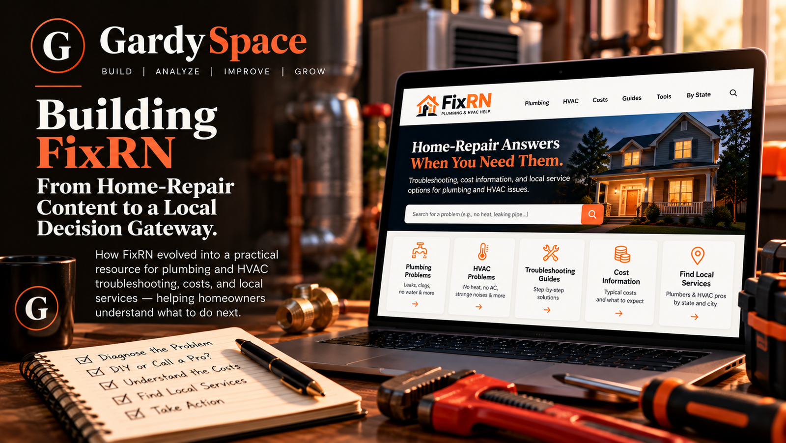 FixRN homepage showing plumbing and HVAC problem categories with a search bar for describing the issue