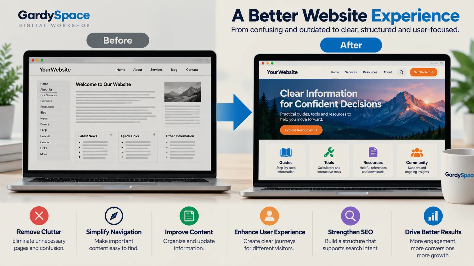 Before and after comparison: a cluttered website with a long sidebar menu and generic welcome text, next to a redesigned version with a clear headline, four resource cards, and a single get-started button, above six outcomes: remove clutter, simplify navigation, improve content, enhance user experience, strengthen SEO, drive better results