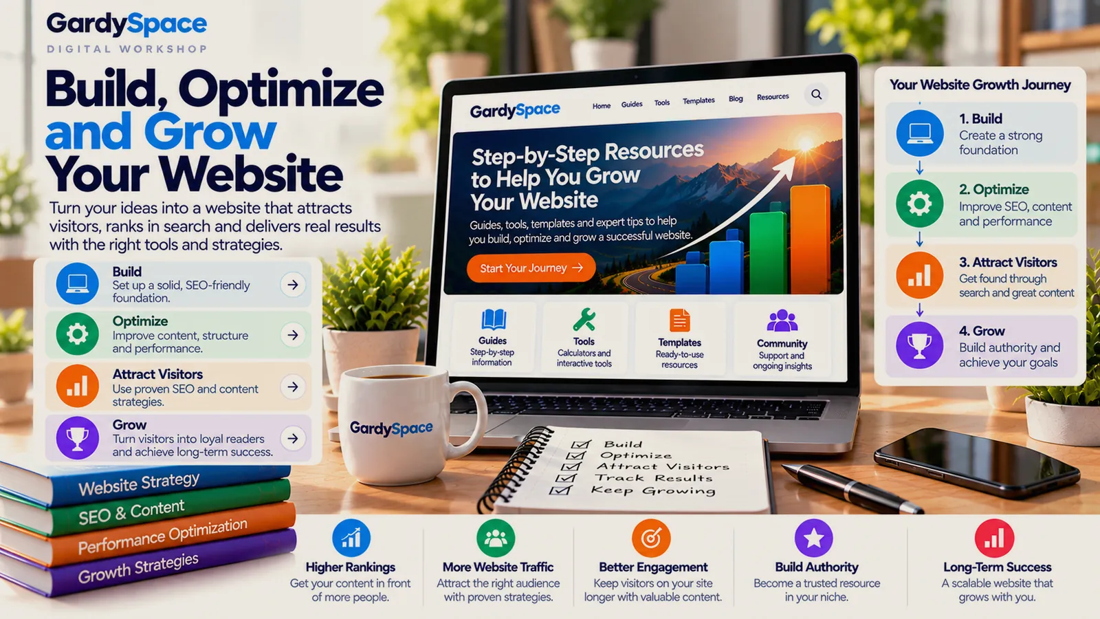Website growth journey infographic: build a strong foundation, optimize SEO, content and performance, attract visitors through search, and grow authority, with outcomes including higher rankings, more traffic, better engagement, and long-term success