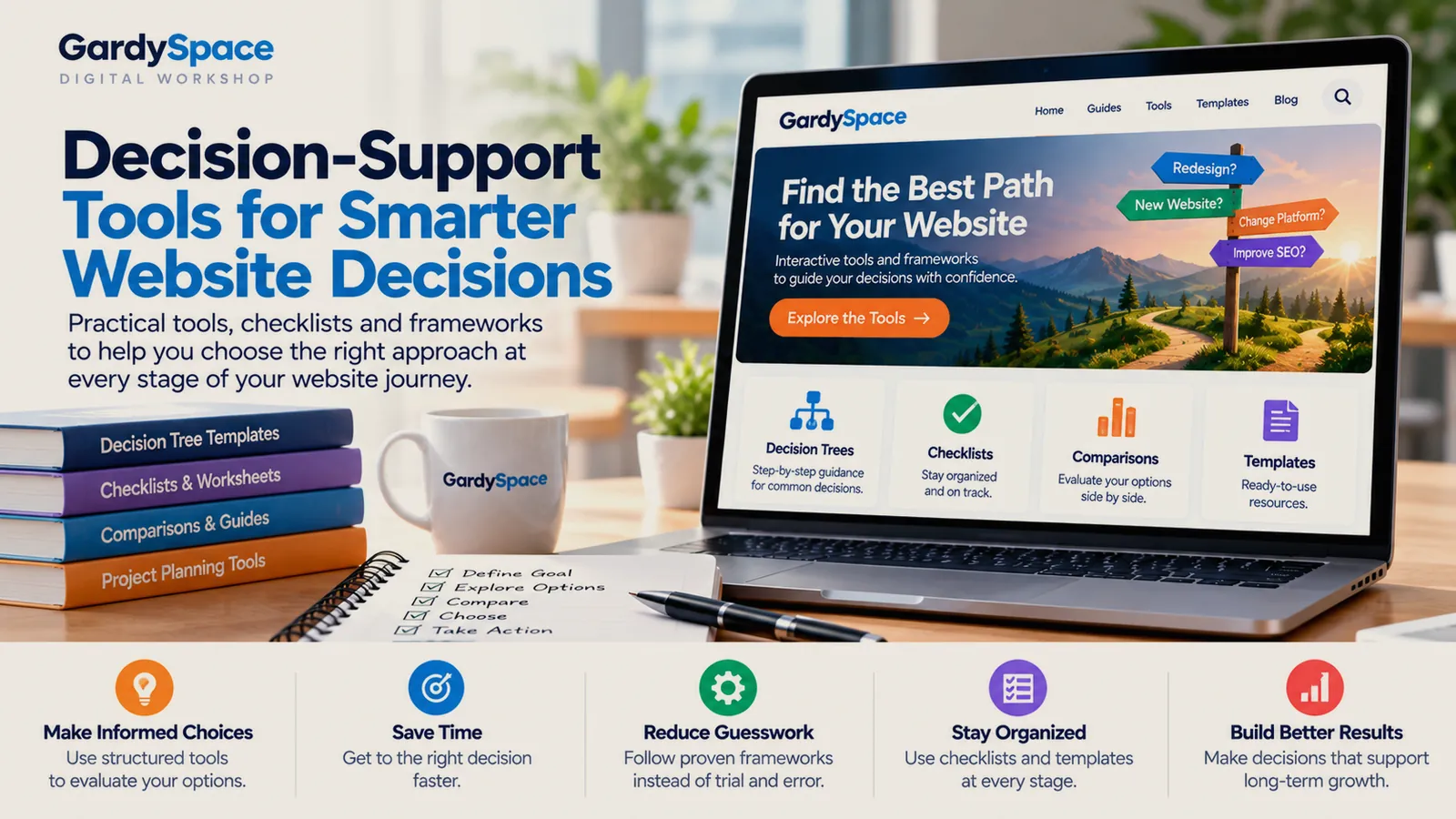 Laptop showing a decision-support page with a signpost offering redesign, new website, change platform, and improve SEO paths, with cards for decision trees, checklists, comparisons, and templates