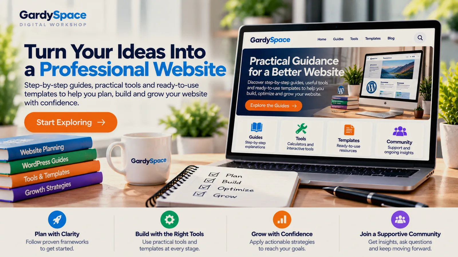 Desk with a laptop showing a website with guides, tools, templates, and community sections, beside books on website planning and a notebook checklist reading plan, build, optimize, grow