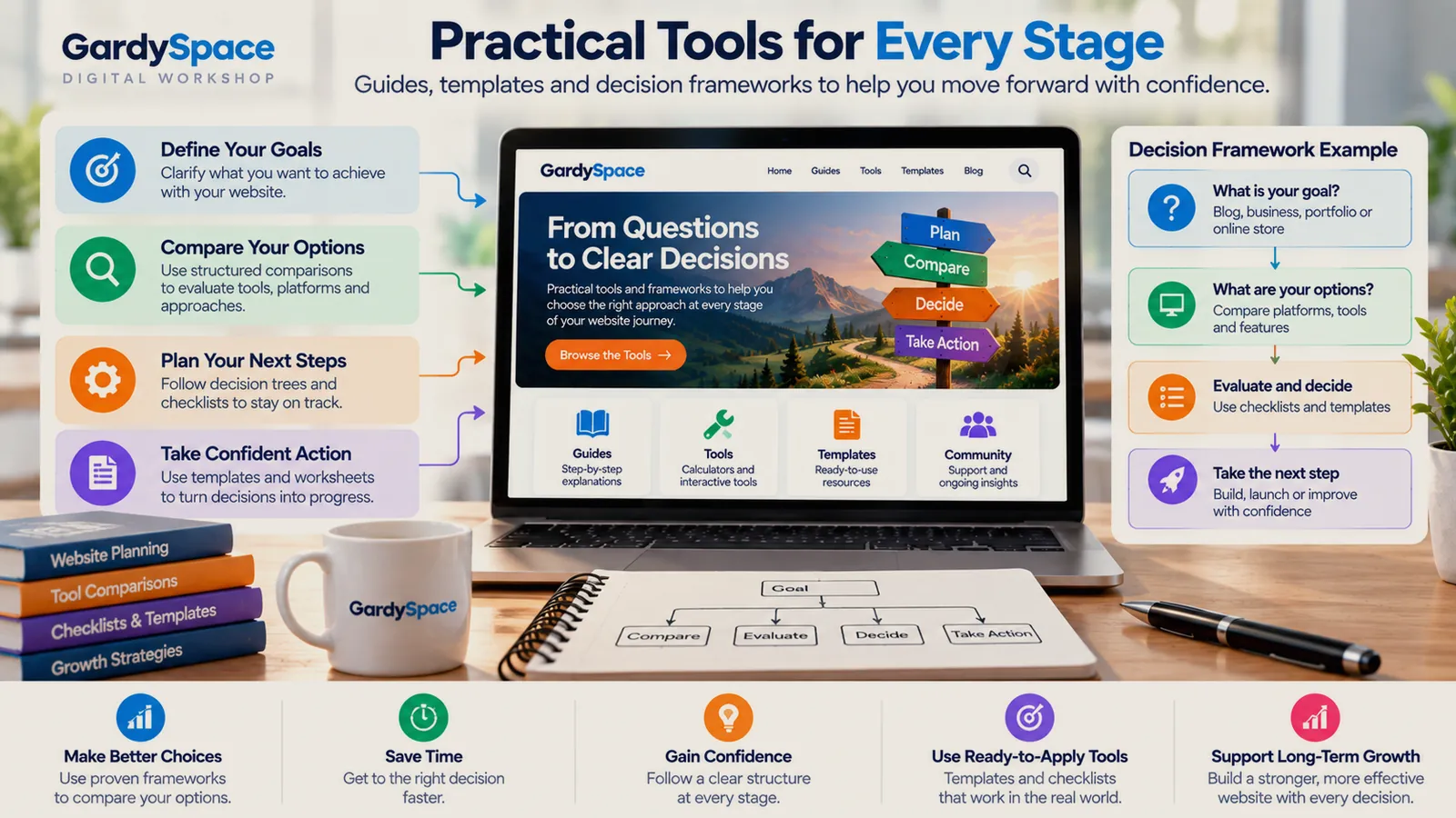 Decision framework infographic: define your goals, compare your options, plan your next steps, and take confident action, beside a decision framework example that moves from what is your goal to what are your options, evaluate and decide, and take the next step
