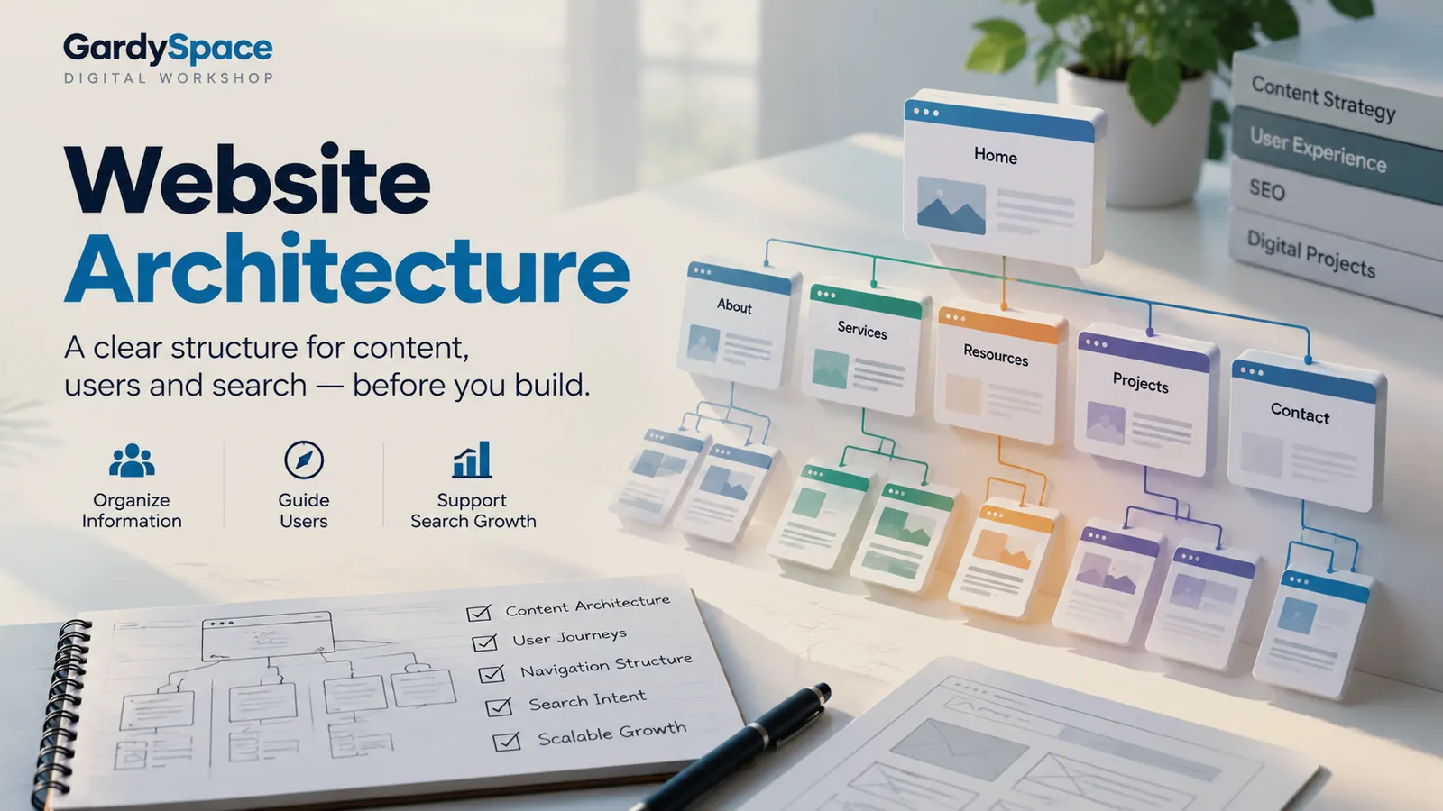 Illustration of a website architecture tree: a homepage card branching into About, Services, Resources, Projects, and Contact, each with child pages, next to a hand-drawn sitemap checklist