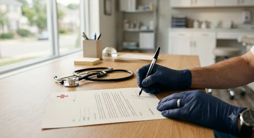 A gloved hand signing a letter on a desk beside a stethoscope in a bright medical office