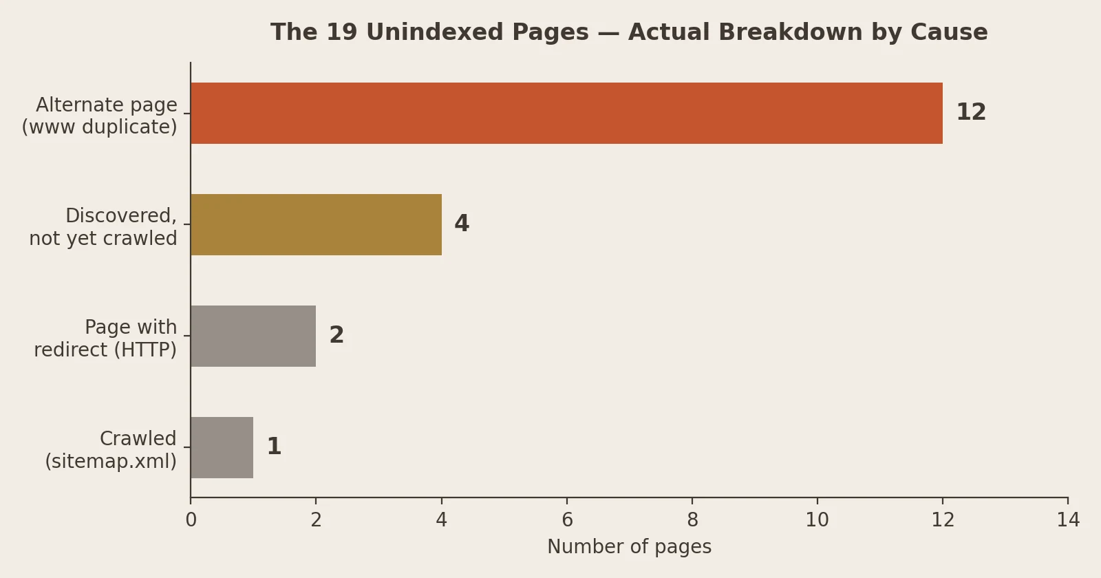 Horizontal bar chart of the 19 unindexed pages by cause: 12 alternate pages that were www duplicates, 4 discovered but not yet crawled, 2 pages with an HTTP redirect, and 1 crawled page that was the sitemap file