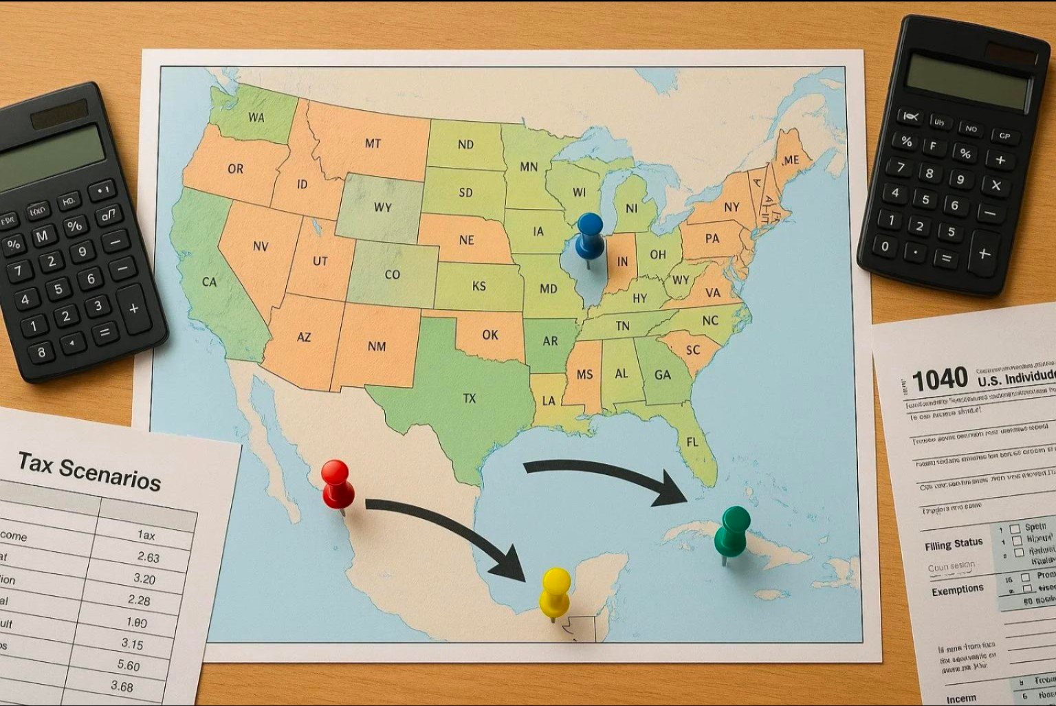 HSA and state tax scenarios represented with a United States map, calculators, and tax documents