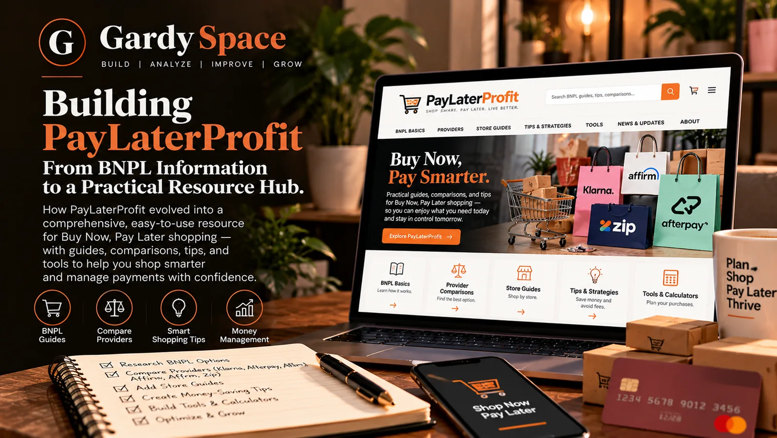 PayLaterProfit homepage on a laptop with sections for BNPL basics, provider comparisons, store guides, tips, and tools and calculators