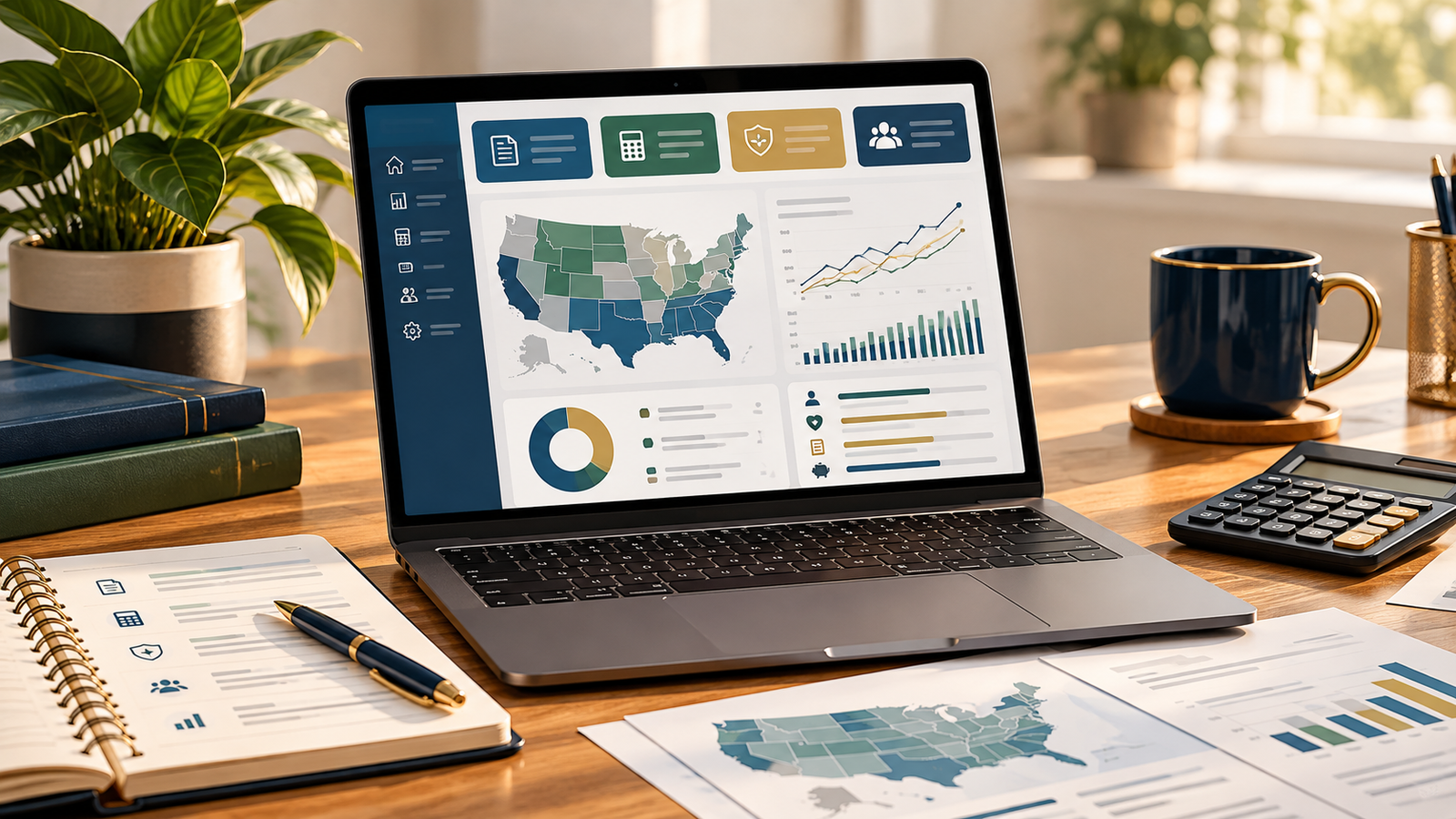 Editorial illustration of a retirement and financial planning dashboard on a laptop with charts, a U.S. map, calculator, notebook and planning materials